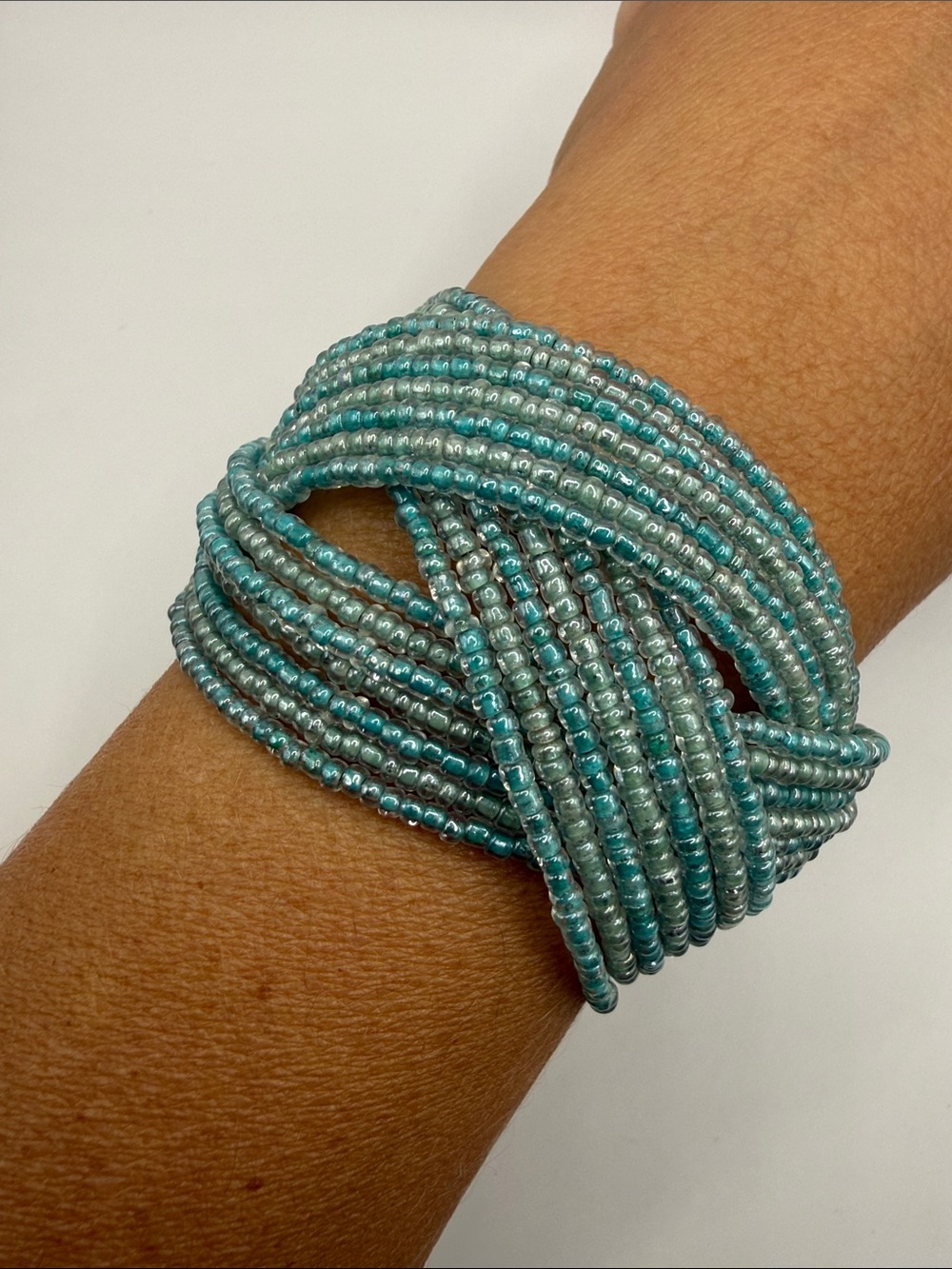 Vintage Native American Style Light Blue Seed Beaded Braided Cuff Bracelet